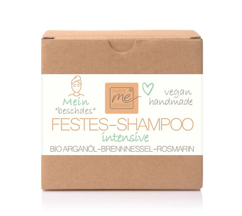 Festes Shampoo intensiv in Recyclingkarton, vegan, handmade, Bio Arganöl, Brennnessel, Rosmarin.