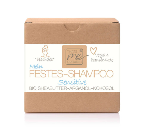 Festes Shampoo Sensitive, vegane Naturkosmetik mit Bio Sheabutter und Arganöl im Karton