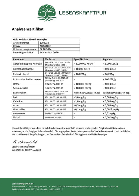 Analysenzertifikat für Gold Kolloid 250 ml Braunglas, Laborergebnisse Schadstoffe, LebensKraftPur