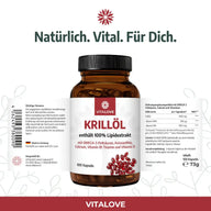 VITALOVE Krillöl 100% Lipidextrakt in Braunglasdose mit 100 Softgelkapseln, Nahrungsergänzung, Omega-3