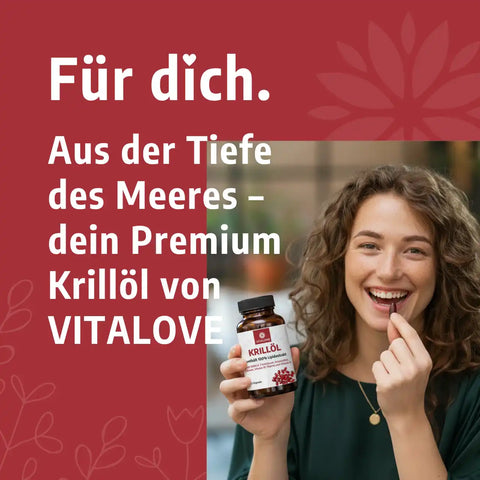 Frau hält Krillöl Kapseln von VITALOVE und lächelt, Produktwerbung mit Text.