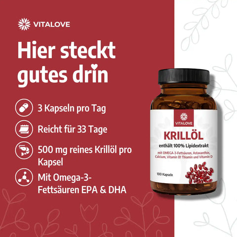 Vitalove Krillöl 100 Kapseln Dose, rote Softgelkapseln, Omega-3, Nahrungsergänzung
