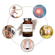 Echt Vital L-Carnitin Kapseln Flasche mit Icons für Fitness, Herzgesundheit, Abnehmen, Energie