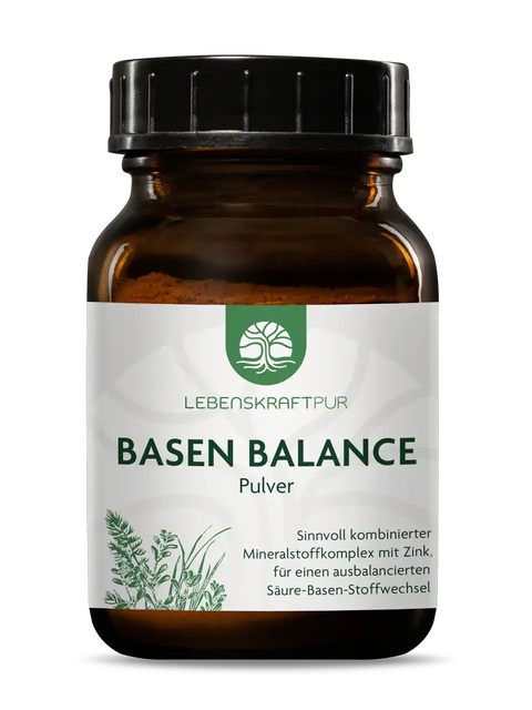 Braunes Weithalsglas mit Label LebensKraftPur Basen Balance Pulver, Mineralstoffkomplex Supplement