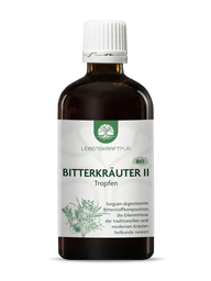 Braune Glasflasche LebensKraftPur Bio Bitterkräuter II Tropfen 100ml mit weißem Etikett