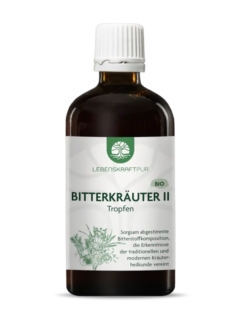 Braune Glasflasche LebensKraftPur Bio Bitterkräuter II Tropfen 100ml mit weißem Etikett