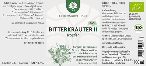 Lebenskraftpur Bio Bitterkräuter II Tropfen Flaschenetikett, Zutatenliste, Bio-Siegel, 100ml