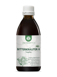 Bio Bitterkräuter II Tropfen 200ml in brauner Sirupflasche, Produktetikett mit Kräutergrafik
