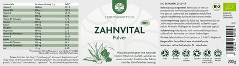 Lebenskraftpur Bio Zahnvital Pulver Produktetikett, Nährwerttabelle, Zutaten, 200g Dose