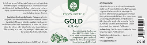 Etikett einer 250ml Flasche LebensKraftPur Gold Kolloidal mit Produktinformationen, Barcode und grünem Logo.