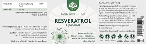 Lebenskraftpur Resveratrol Liposomal Flaschenetikett, 250 ml, vegan, glutenfrei, hohe Bioverfügbarkeit
