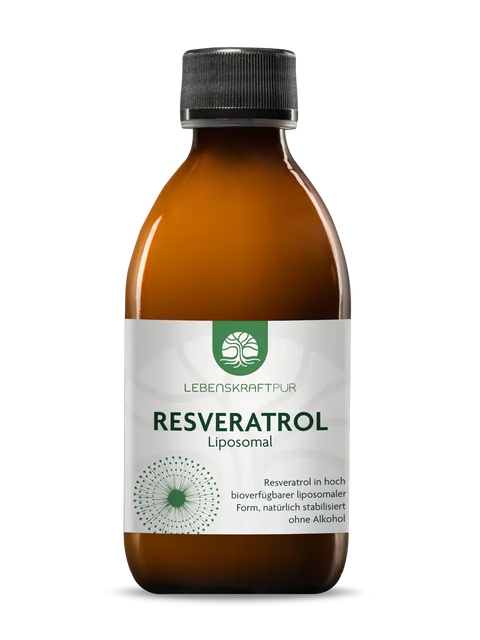 Braune Flasche LEBENSKRAFTPUR Resveratrol Liposomal 250ml mit weiß-grünem Etikett