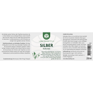Produktetikett von LebensKraftPur Silber Kolloidal 250ml, weiß-grünes Design, deutschsprachiger Text.