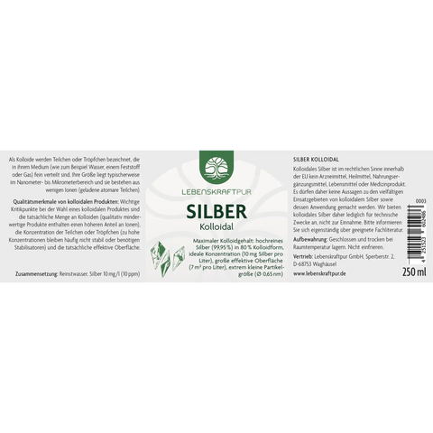 Produktetikett von LebensKraftPur Silber Kolloidal 250ml, weiß-grünes Design, deutschsprachiger Text.