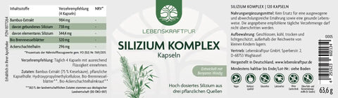 Lebenskraftpur Silizium Komplex Kapseln Produktetikett mit Zutaten, Dosierung, Logo und Icons