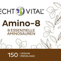 Echt Vital Amino-8 Etikett mit Angaben zu 8 essentiellen Aminosäuren und veganen Presslingen