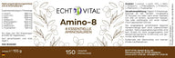 Echt Vital Amino-8 Etikett mit Angaben zu 8 essentiellen Aminosäuren und veganen Presslingen