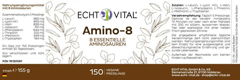 Echt Vital Amino-8 Etikett mit Angaben zu 8 essentiellen Aminosäuren und veganen Presslingen
