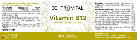 Echt Vital Vitamin B12 Presslinge Etikett, 1000 µg, vegan, 180 Stück, Nahrungsergänzung, Made in Germany