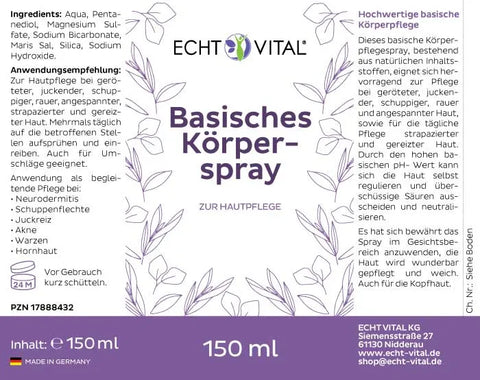 Echt Vital Basisches Körperspray 150 ml, lila Etikett, Hautpflege, natürliche Inhaltsstoffe
