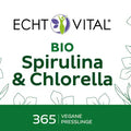 Bio Spirulina & Chlorella 200mg vegane Presslinge, Produktetikett mit Zutaten aus biologischem Anbau, 365 Tabletten, ECHT VITAL