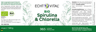 Bio Spirulina & Chlorella 200mg vegane Presslinge, Produktetikett mit Zutaten aus biologischem Anbau, 365 Tabletten, ECHT VITAL