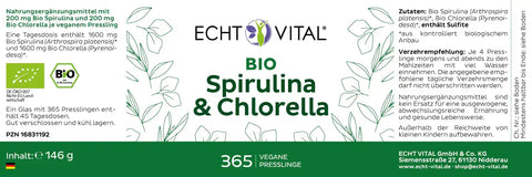 Bio Spirulina & Chlorella 200mg vegane Presslinge, Produktetikett mit Zutaten aus biologischem Anbau, 365 Tabletten, ECHT VITAL