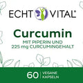 Echt Vital Curcumin Kapseln Etikett mit Pfeffer, 60 vegane Kapseln, Nahrungsergänzung