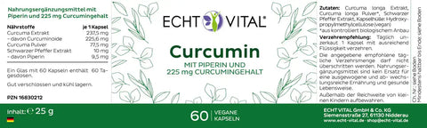 Echt Vital Curcumin Kapseln Etikett mit Pfeffer, 60 vegane Kapseln, Nahrungsergänzung