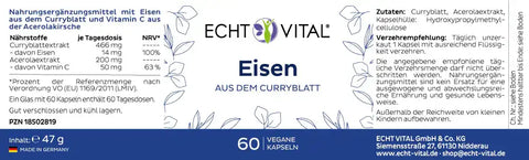 Eisen Nahrungsergänzungsmittel Etikett, Curryblattextrakt, Acerolakirsche, 60 vegane Kapseln