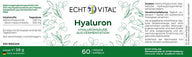 Echt Vital Hyaluron Kapseln Etikett, 60 vegane Kapseln, Nahrungsergänzung mit 500mg Hyaluronsäure