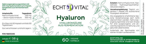 Echt Vital Hyaluron Kapseln Etikett, 60 vegane Kapseln, Nahrungsergänzung mit 500mg Hyaluronsäure