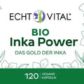 Echt Vital Bio Inka Power Nahrungsergänzungsmittel Etikett mit 120 veganen Kapseln, grüne Bio-Zertifizierung, Made in Germany.