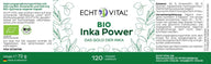 Echt Vital Bio Inka Power Nahrungsergänzungsmittel Etikett mit 120 veganen Kapseln, grüne Bio-Zertifizierung, Made in Germany.