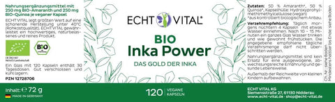 Echt Vital Bio Inka Power Nahrungsergänzungsmittel Etikett mit 120 veganen Kapseln, grüne Bio-Zertifizierung, Made in Germany.
