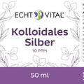 Etikett von Echt Vital Kolloidales Silber 10 PPM, 50 ml, lila Design, deutsche Produktinformationen