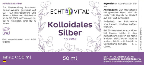 Etikett von Echt Vital Kolloidales Silber 10 PPM, 50 ml, lila Design, deutsche Produktinformationen