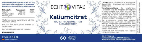 Etikett für ECHT VITAL Kaliumcitrat 100 % Trikaliumcitrat Monohydrat, 60 vegane Kapseln, Made in Germany