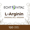 Echt Vital L-Arginin Kapseln Verpackung, 120 vegane Kapseln, Nahrungsergänzungsmittel Etikett