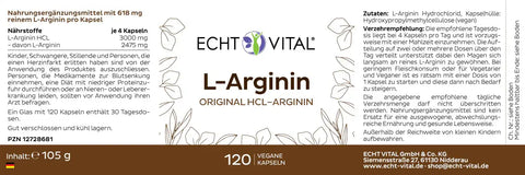 Echt Vital L-Arginin Kapseln Verpackung, 120 vegane Kapseln, Nahrungsergänzungsmittel Etikett