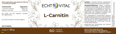Echt Vital L-Carnitin Nahrungsergänzungsmittel Etikett, 60 vegane Kapseln, 36g, deutsch