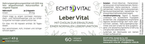 Echt Vital Leber Vital Etikett, Nahrungsergänzungsmittel mit Cholin, 60 vegane Kapseln, Zutaten, empfohlene Dosierung, Made in Germany.
