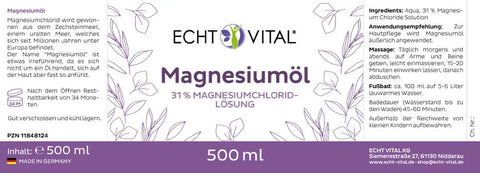 Magnesiumöl Label von Echt Vital, 500 ml, lila Blätter, 31% Magnesiumchloridlösung, Made in Germany