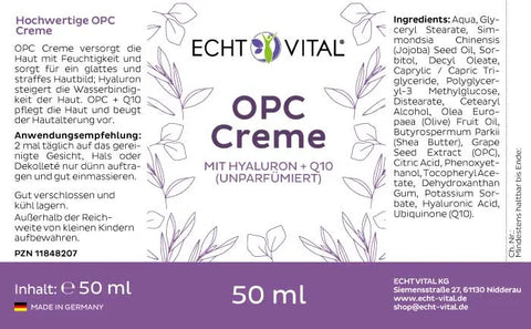 OPC Creme Label mit Hyaluron und Q10, 50 ml, ECHT VITAL, lila Design, Zutatenliste sichtbar