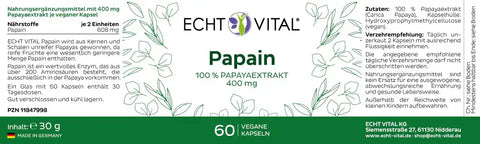 Echt Vital Papain Etikett, 100% Papayaextrakt, 400 mg, 60 vegane Kapseln, Nahrungsergänzungsmittel