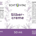 Echt Vital Silbercreme Etikett, 50 ml Tube, mit Inhaltsstoffen und Anwendungshinweisen, lila Design