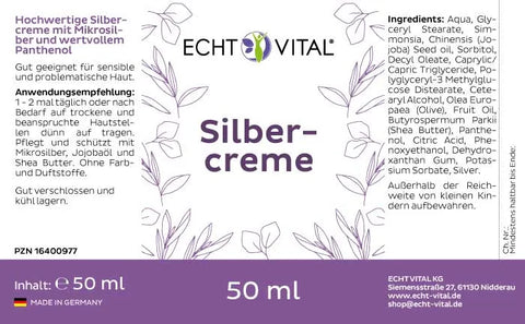 Echt Vital Silbercreme Etikett, 50 ml Tube, mit Inhaltsstoffen und Anwendungshinweisen, lila Design