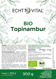Echt Vital Bio Topinambur Pulver Beutel, 300g, Produktetikett mit Zutaten und Nährwerten