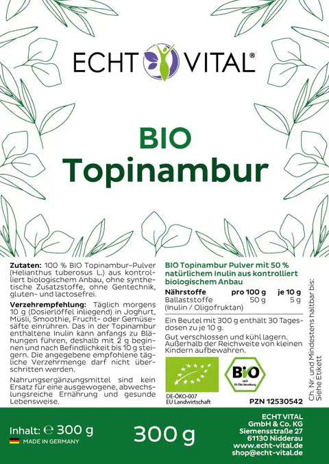 Echt Vital Bio Topinambur Pulver Beutel, 300g, Produktetikett mit Zutaten und Nährwerten