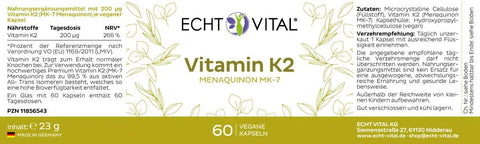 Echt Vital Vitamin K2 Menaquinon MK-7 Kapseln Etikett, 60 vegane Kapseln, Nahrungsergänzung